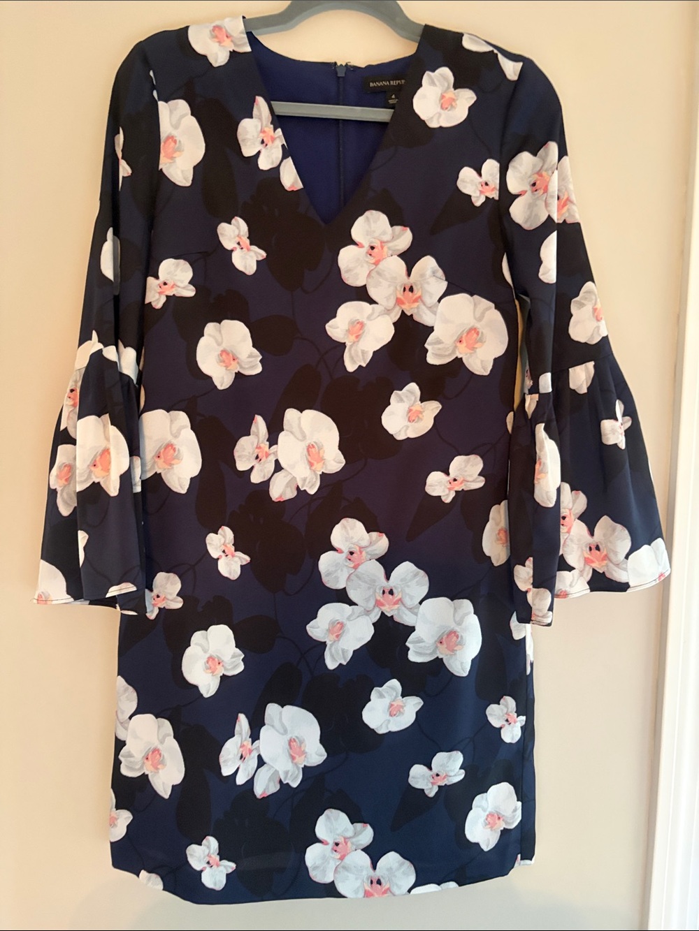 Banana Republic Navy Floral V-Neck Bell Sleeve Dress